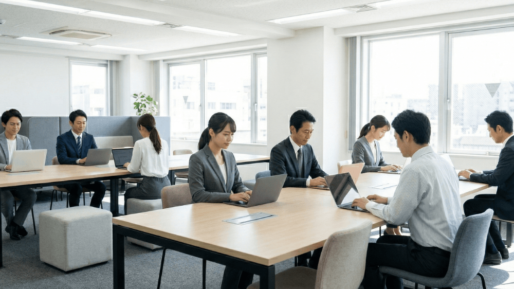省スペースと効率化を実現する、フリーアドレス制を導入した現代的な日本のオフィス