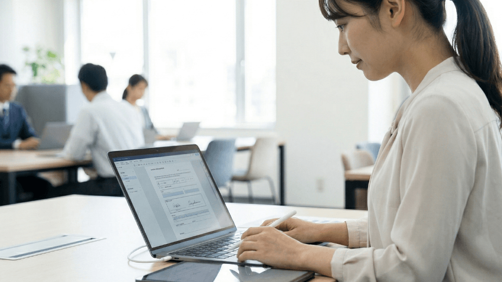 電子契約やクラウドワークフローを活用して事務作業のDXを推進する総務担当者