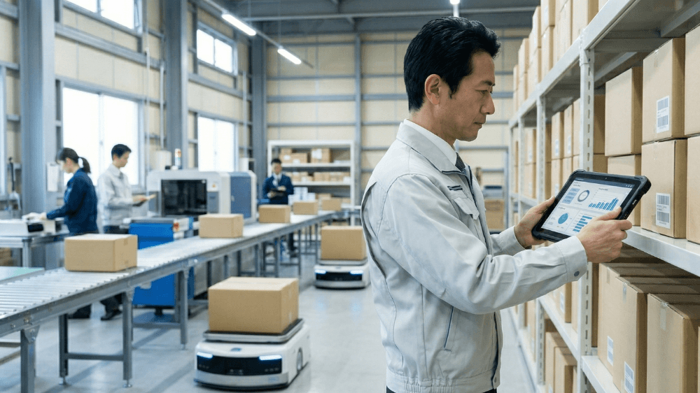 ITツールを用いて倉庫の在庫を最適化し、無駄を省く製造現場の日本人スタッフ