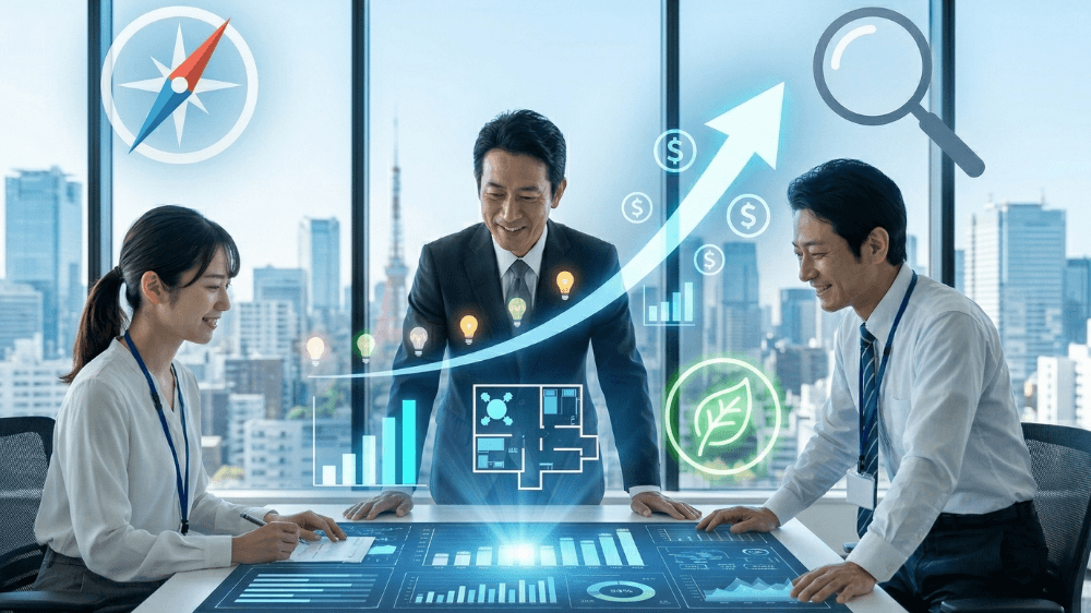 成長につながる戦略的なオフィスコスト削減をテーマにした、明るい日本のオフィスでのコラボレーション風景。データ可視化、空間効率、エネルギー最適化のアイコンが明るく輝くアイキャッチ